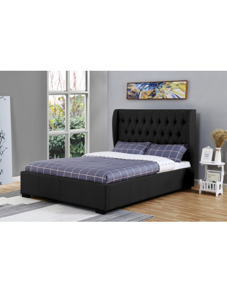 Lit Coffre Clarisse Capitonnée en Tissu Lin Noir