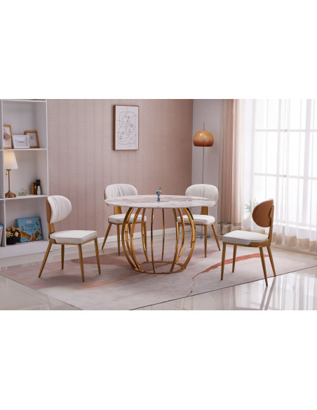 Table à Manger Ronde Aurora - Plateau en Pierre Frittée et Pieds en Acier Doré