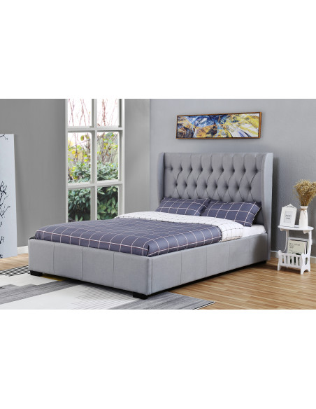 Lit Coffre Clarisse Capitonnée en Tissu Lin Gris