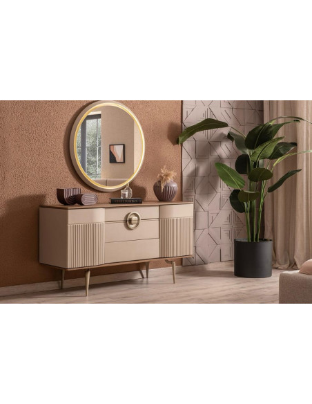 Coiffeuse Brand avec Miroir - Poignées Design, Tiroirs et Portes Rangement, Finition Moderne