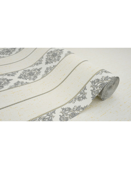 Papier Peint Rayures Baroques Dorées et Grises - Élégance Classique, 106 cm x 10,05 m