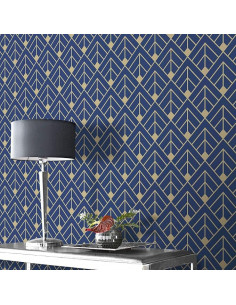 Papier Peint Art Déco Bleu et Doré - Élégance Géométrique, 53 cm x 10,05 m