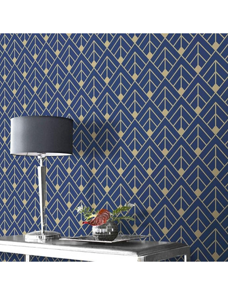 Papier Peint Art Déco Bleu et Doré - Élégance Géométrique, 53 cm x 10,05 m