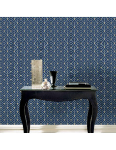 Papier Peint Art Déco Bleu et Doré - Élégance Géométrique, 53 cm x 10,05 m