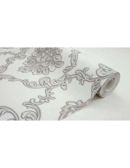 Papier Peint Baroque Gris et Argenté - Grande Largeur, 106 cm x 10,05 m