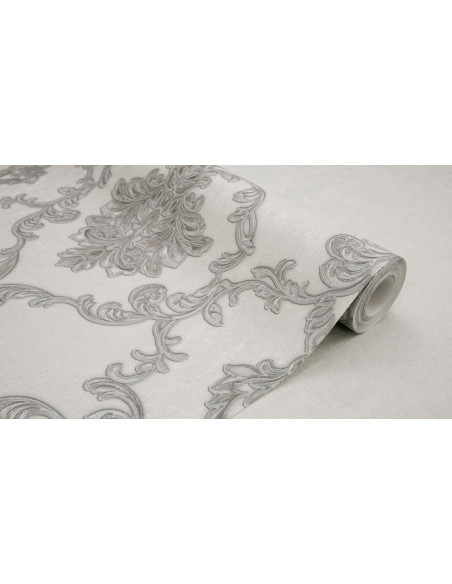  Papier Peint Baroque Argenté - Grande Largeur, 106 cm x 10,05 m