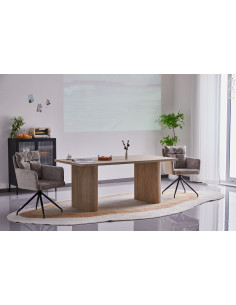 Table à manger Terra – Plateau effet bois & double pied colonne rainuré